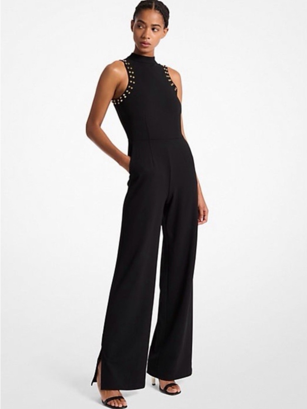 Michael Kors Black Mock-Neck Gold Stud-Trim Wide-Leg Jumpsuit